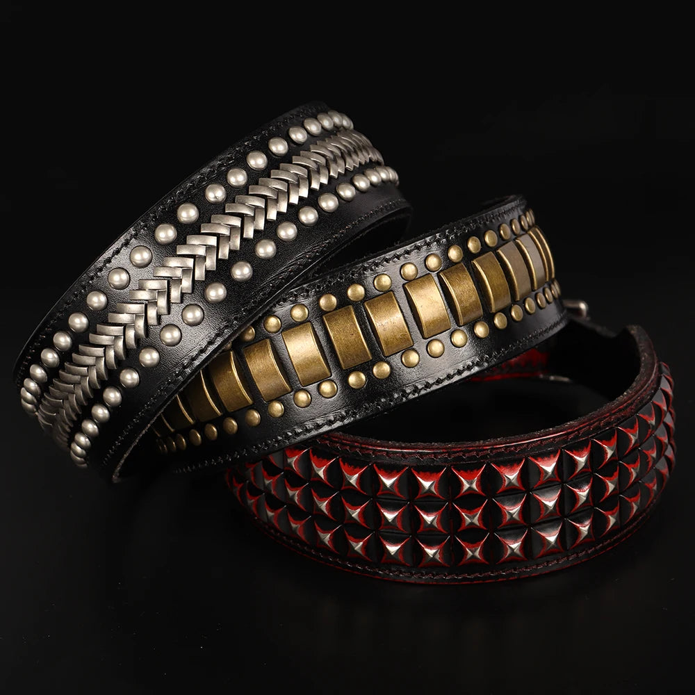 3 colliers cloutés large pour chien en cuir véritable avec plaques métalliques et rivets aux différentes couleurs au style prononcé