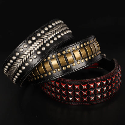 3 colliers cloutés large pour chien en cuir véritable avec plaques métalliques et rivets aux différentes couleurs au style prononcé