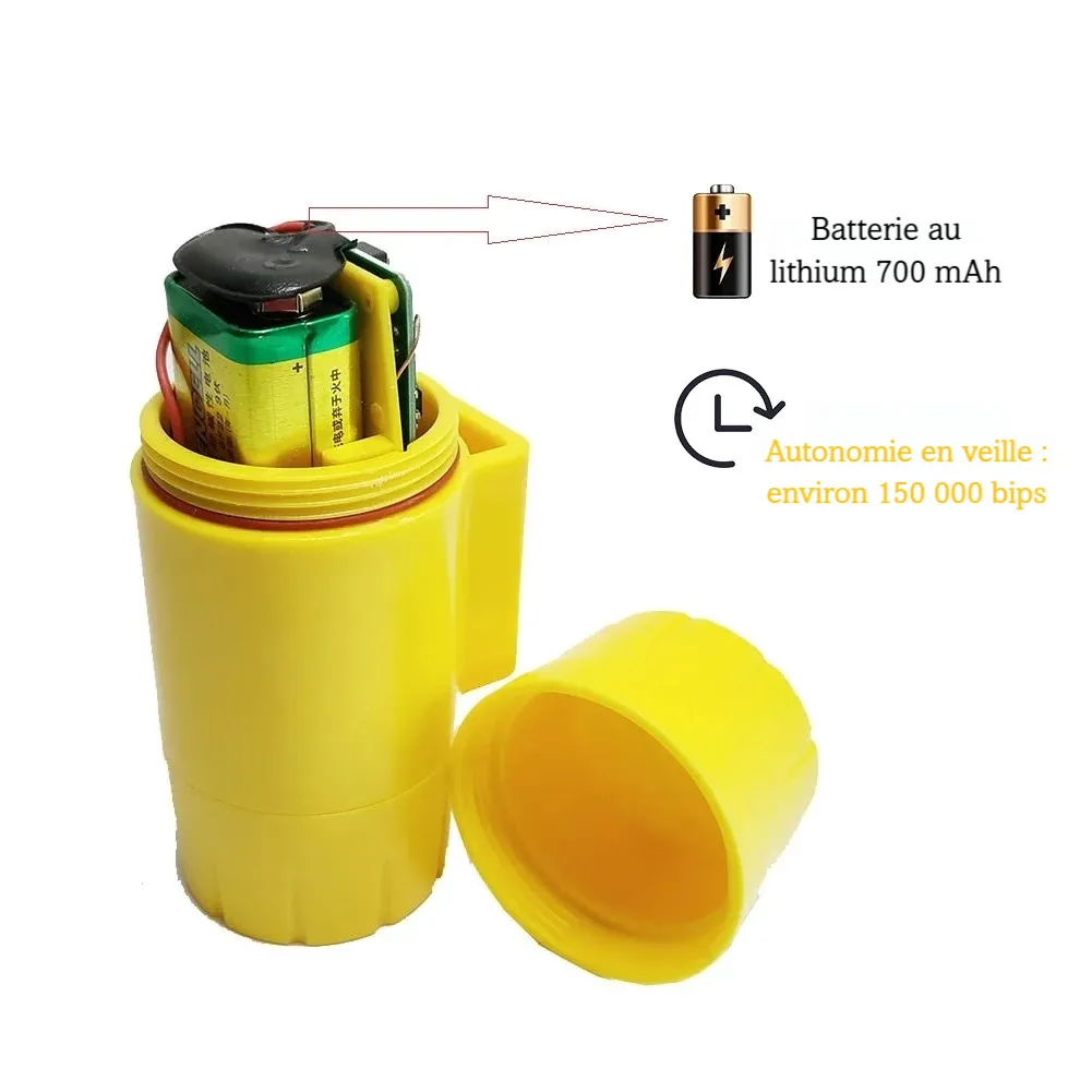 Boîtier beeper jaune ouvert avec plie lithium 700 mAh visible sur fond blanc.