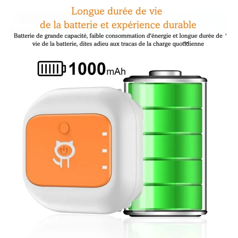 Boîtier GPS blanc et orange à côté d’une illustration de batterie verte 1000 mAh.