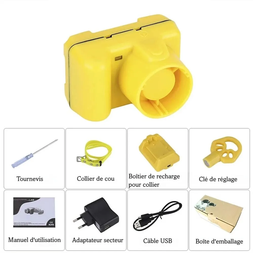 Boîtier beeper jaune pour chien de chasse avec aperçu des accessoires inclus.