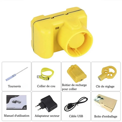 Boîtier beeper jaune pour chien de chasse avec aperçu des accessoires inclus.
