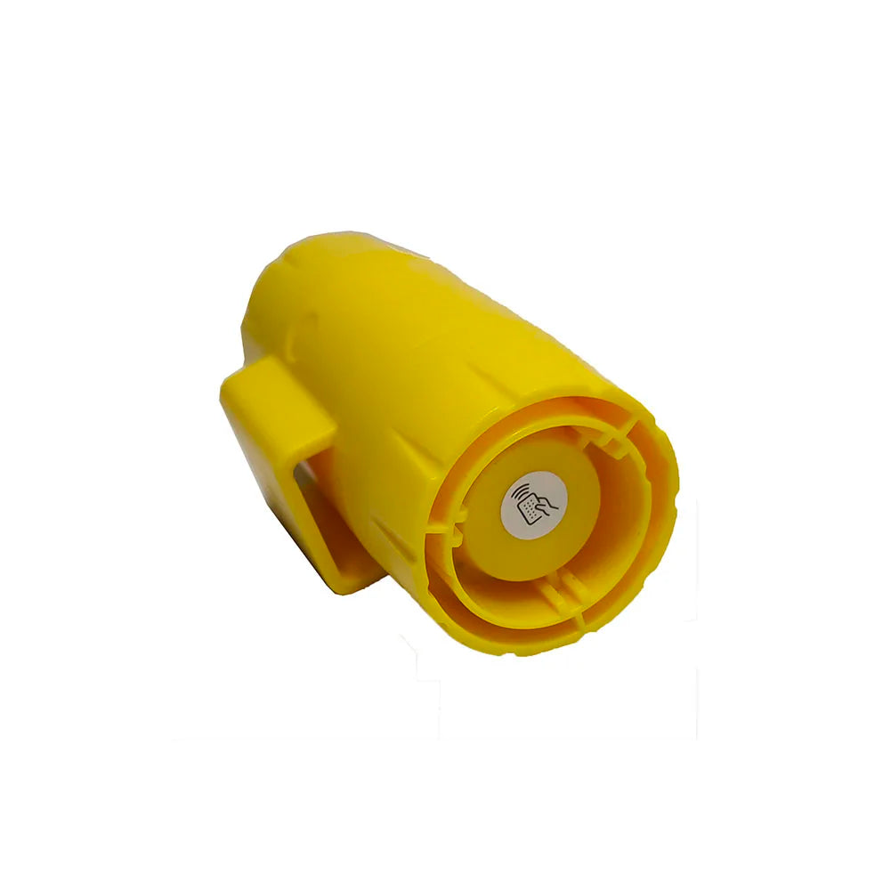 Gros plan sur le boîtier beeper jaune rechargeable pour chien de chasse présenté seul sur fond clair.