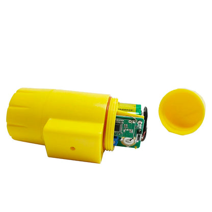 Boîtier beeper jaune ouvert montrant l’électronique interne du module sur fond blanc.