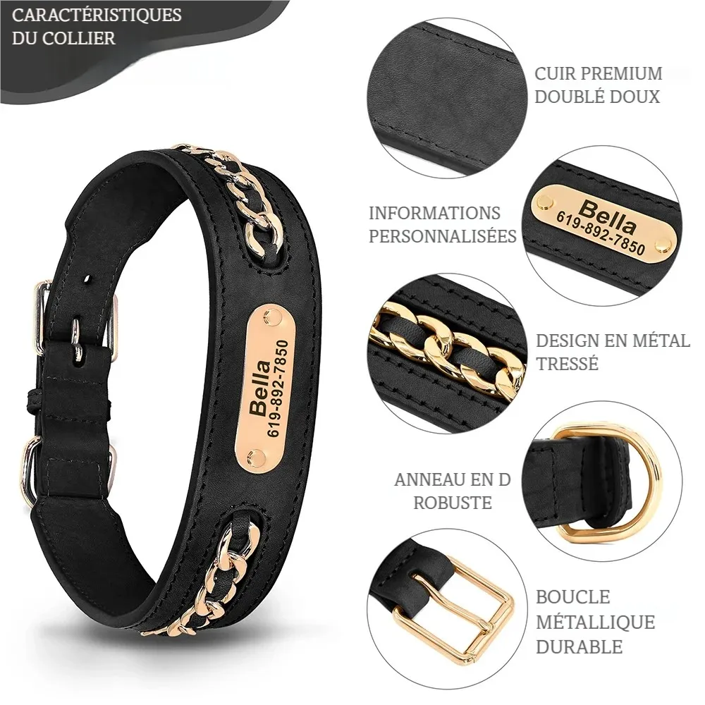 Caractéristiques du collier pour chien en cuir noir avec plaque gravée, boucle métal et chaîne dorée.