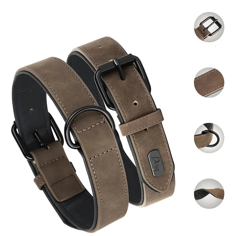 Principales caractéristiques du collier marron pour chien en PU cuir avec mousqueton métal présenté sur un fond blanc.