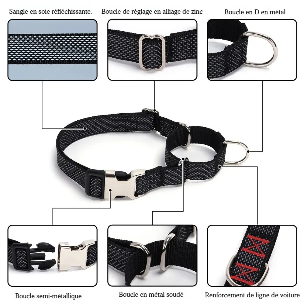 Visuel des caractéristiques du collier martingale réfléchissant pour chien avec détails des matériaux.