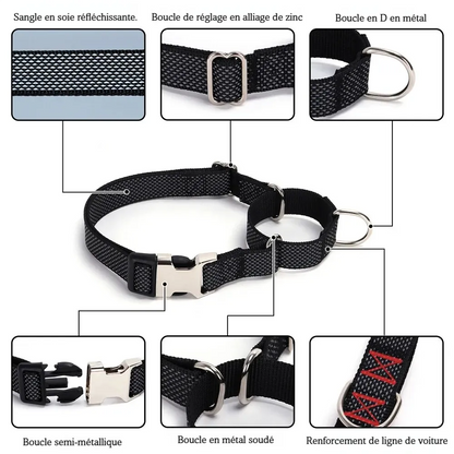 Visuel des caractéristiques du collier martingale réfléchissant pour chien avec détails des matériaux.