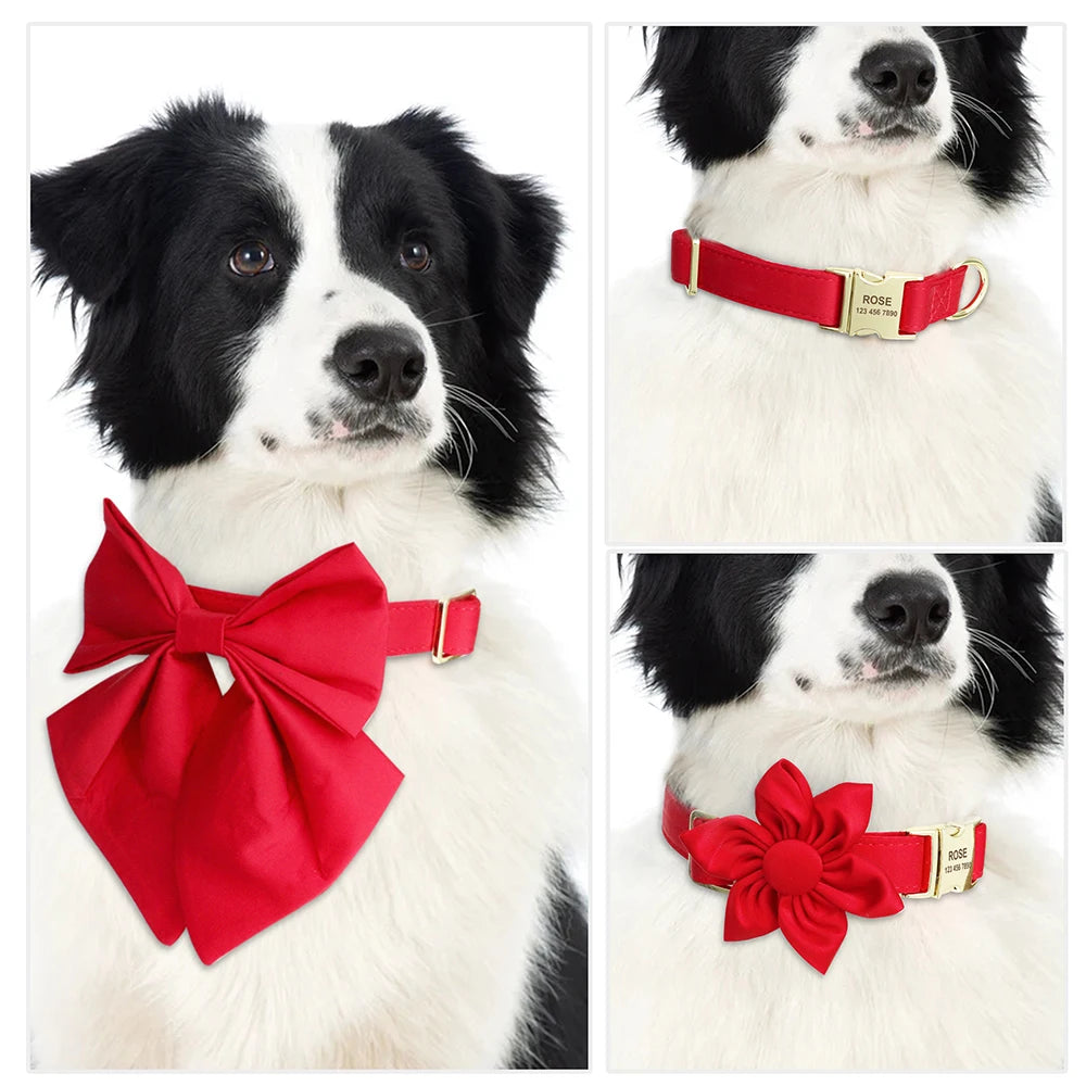 Chien noir et blanc portant un collier personnalisé rouge montré avec nœud papillon, collier seul et fleur en tissu.