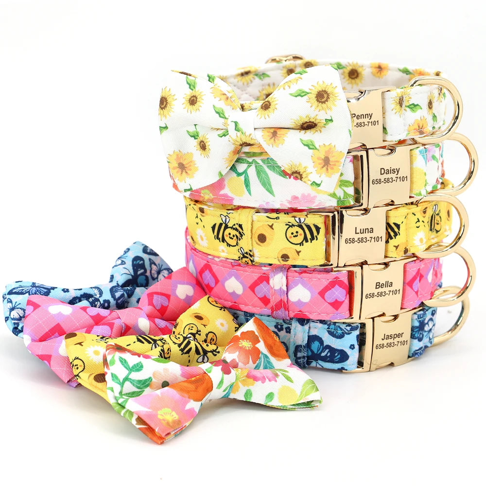 Collection de colliers pour chien avec accessoires assortis, imprimés floraux, cœurs et abeilles.