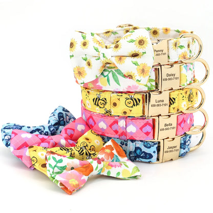 Collection de colliers pour chien avec accessoires assortis, imprimés floraux, cœurs et abeilles.