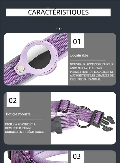 Visuel présentant les avantages du collier pour chien compatible AirTag violet.