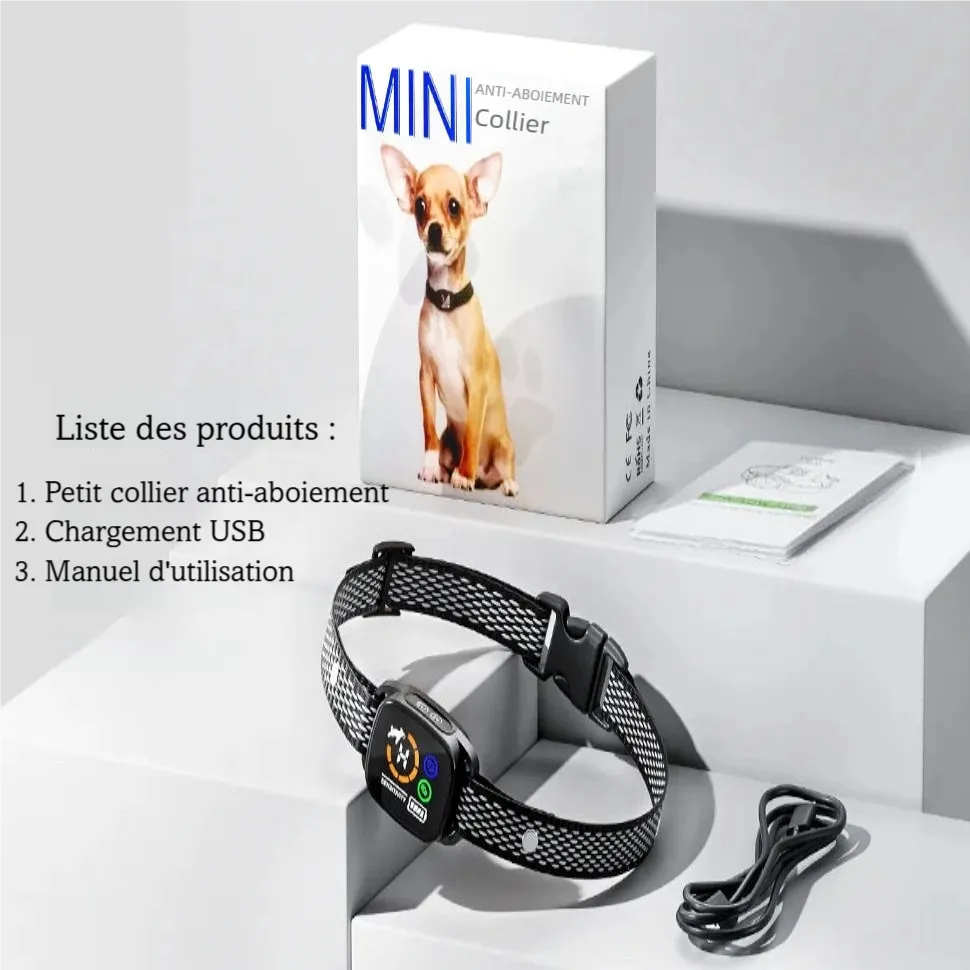 Contenu de la boîte du collier anti-aboiement avec collier, câble USB et manuel.