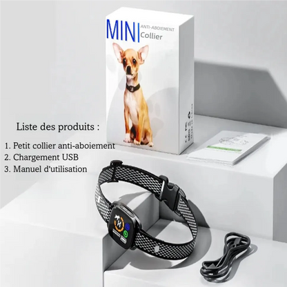 Contenu de la boîte du collier anti-aboiement avec collier, câble USB et manuel.