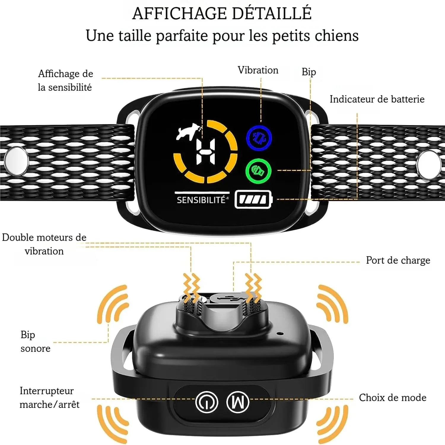 Gros plan sur les fonctions du collier intelligent pour petit chien.