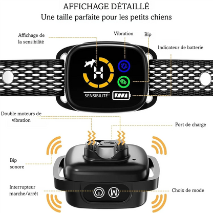 Gros plan sur les fonctions du collier intelligent pour petit chien.