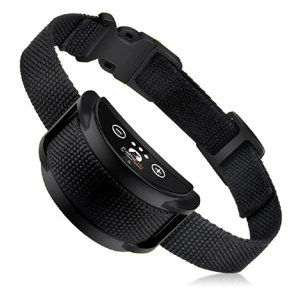 Vue simple du collier anti-aboiement noir rechargeable pour petits et moyens chiens  sur fond blanc.