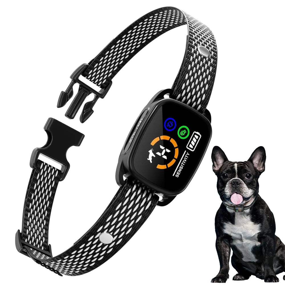 Collier anti-aboiement intelligent noir présenté avec un petit chien noir assis sur fond blanc.