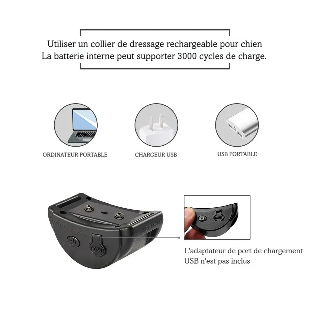 Caractéristiques de recharge du boîtier du collier anti-aboiement rechargeable présenté sur fond blanc.