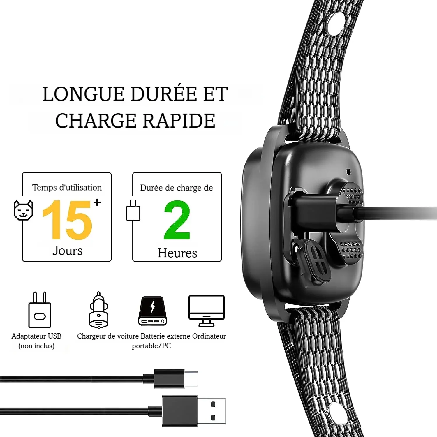 Collier anti-aboiement rechargeable branché en USB avec visuel d’autonomie et temps de charge.