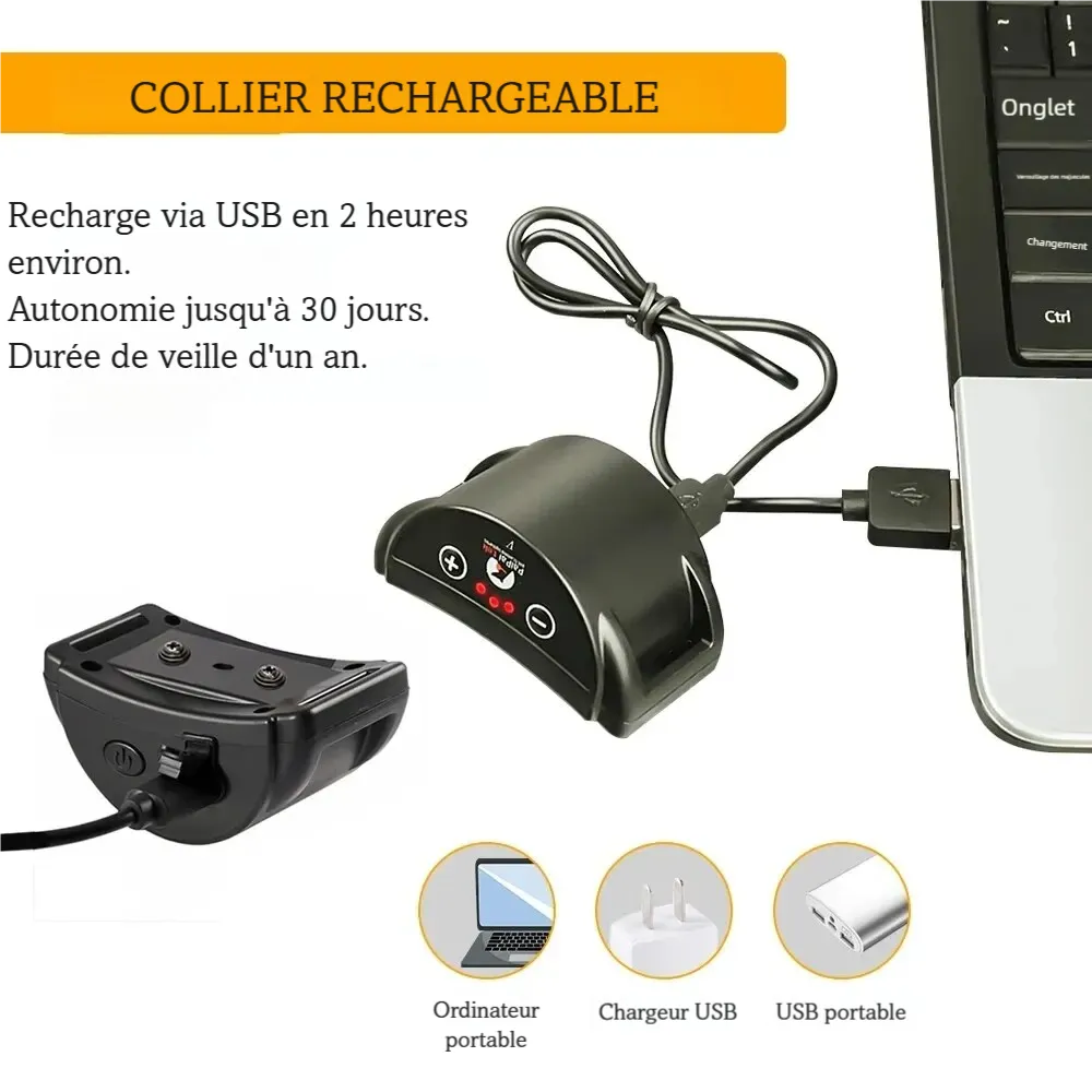 Collier anti-aboiement rechargeable branché en USB pour la recharge du boîtier.