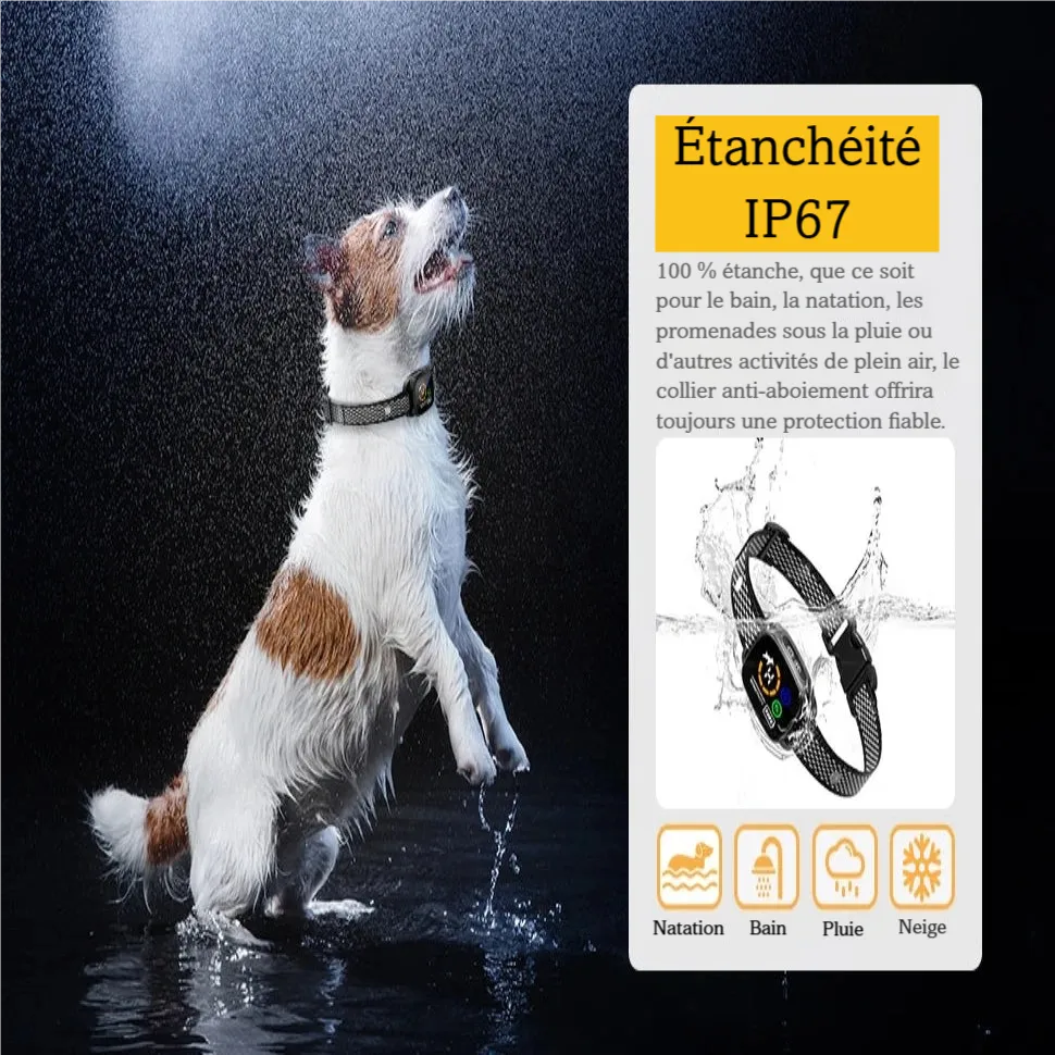 Visuel produit du collier anti-aboiement rechargeable mettant en avant son étanchéité.