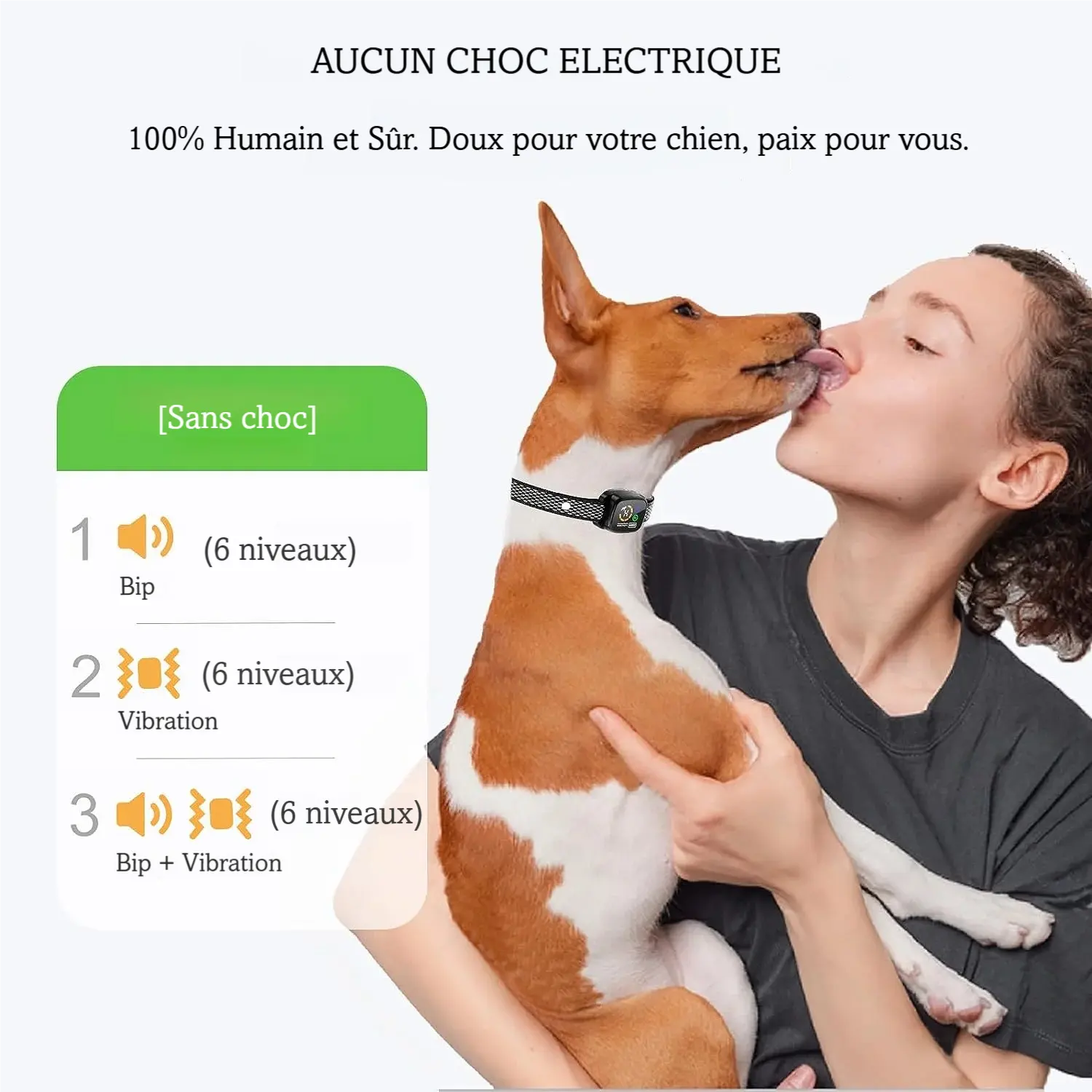 Visuel du collier anti-aboiement sans électrochoc avec modes bip et vibration.