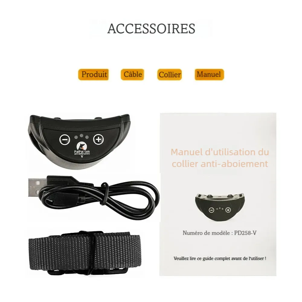 Vue détaillée du boîtier du collier anti-aboiement rechargeable avec les différents accessoires et noitice présenté sur fond blanc.