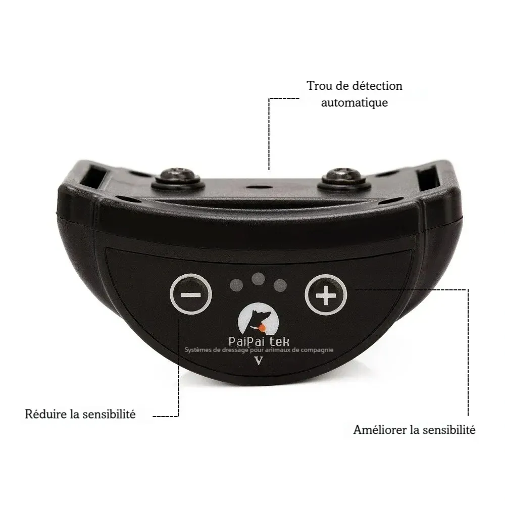 Présentation des principaux bénéfices produit du collier anti-aboiement à vibration sur fond blanc.