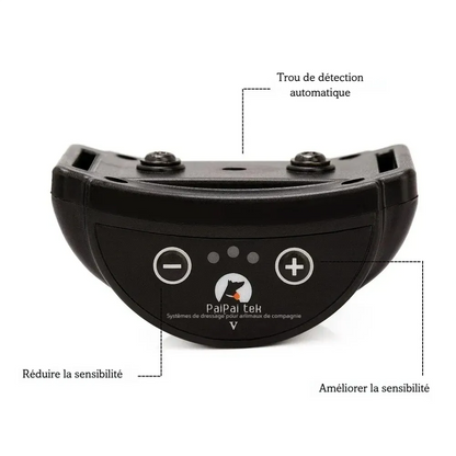 Présentation des principaux bénéfices produit du collier anti-aboiement à vibration sur fond blanc.