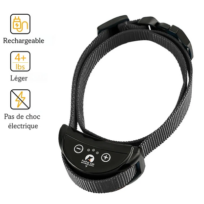 Caractéristiques principales du collier anti-aboiement rechargeable présentés en forme de symboles sur le côté gauche de l'image.