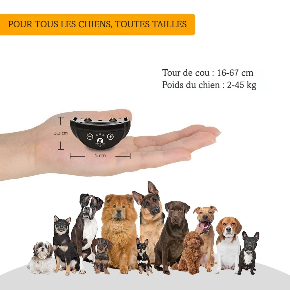Visuel expliquant que le collier anti aboiement à vibration convient à tous les types de chiens.