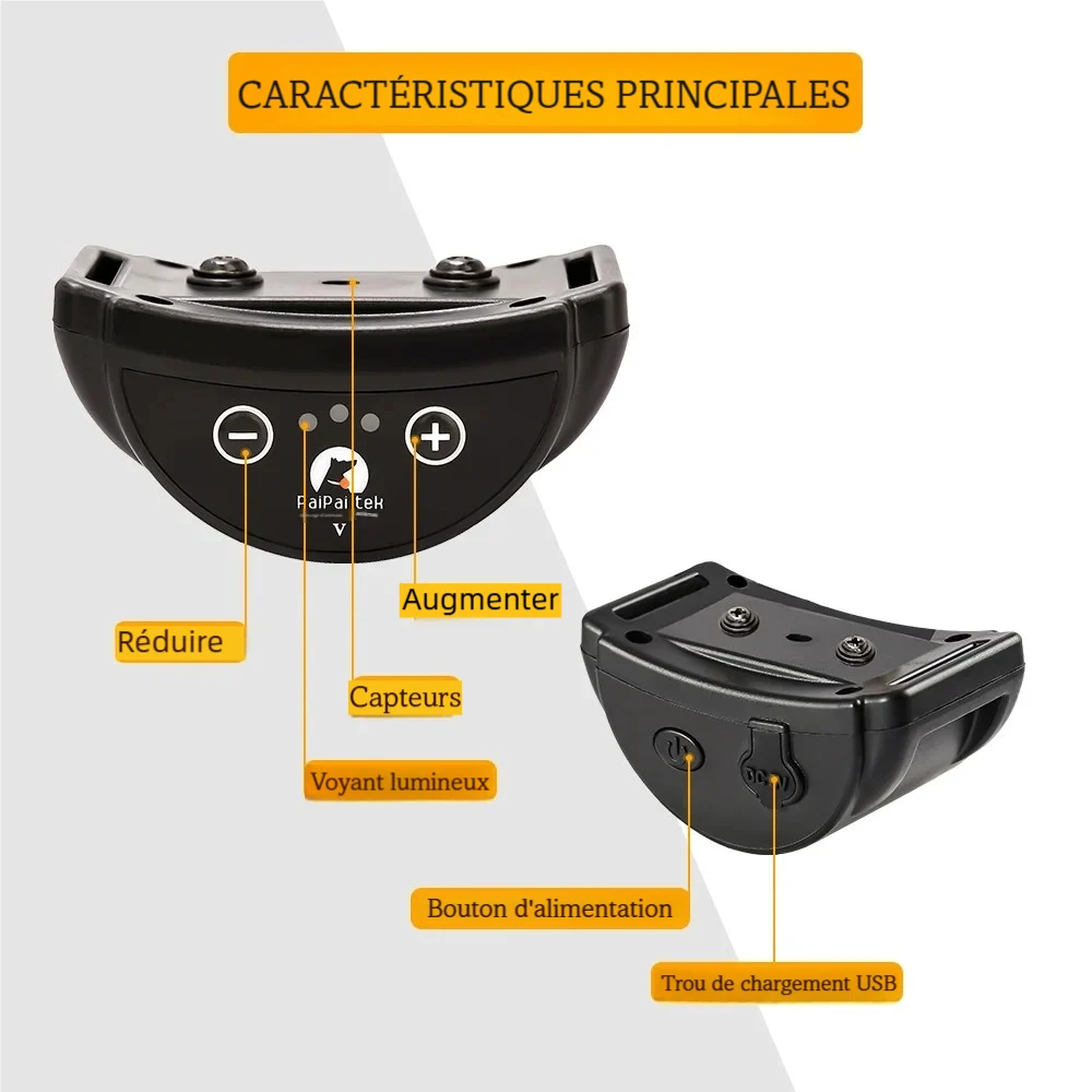 Vue détaillée du boîtier du collier anti-aboiement rechargeable avec boutons, capteurs et port de charge USB.