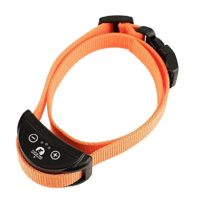 Collier anti-aboiement orange à vibration rechargeable présenté seul sur fond clair.