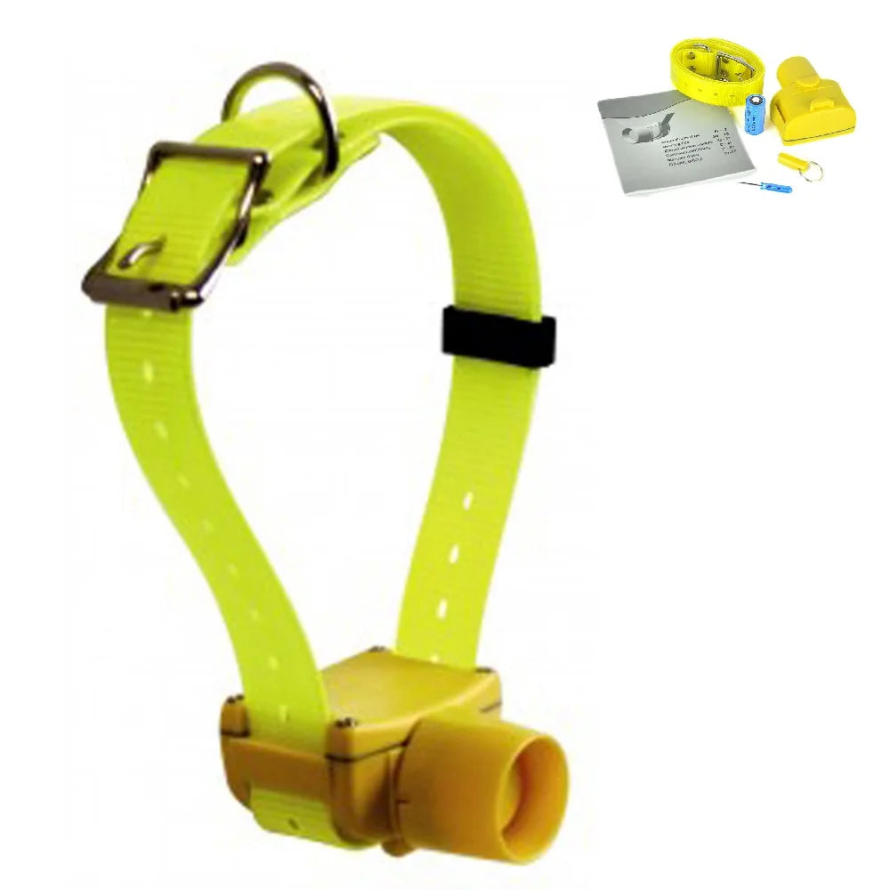 Collier beeper jaune monté sur sangle présenté en position d’utilisation.