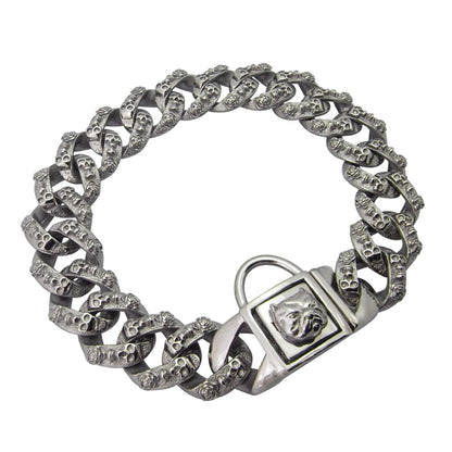 Vue de face d’un collier chaîne argenté en acier inoxydable pour chien de grand gabarit sur fond blanc.