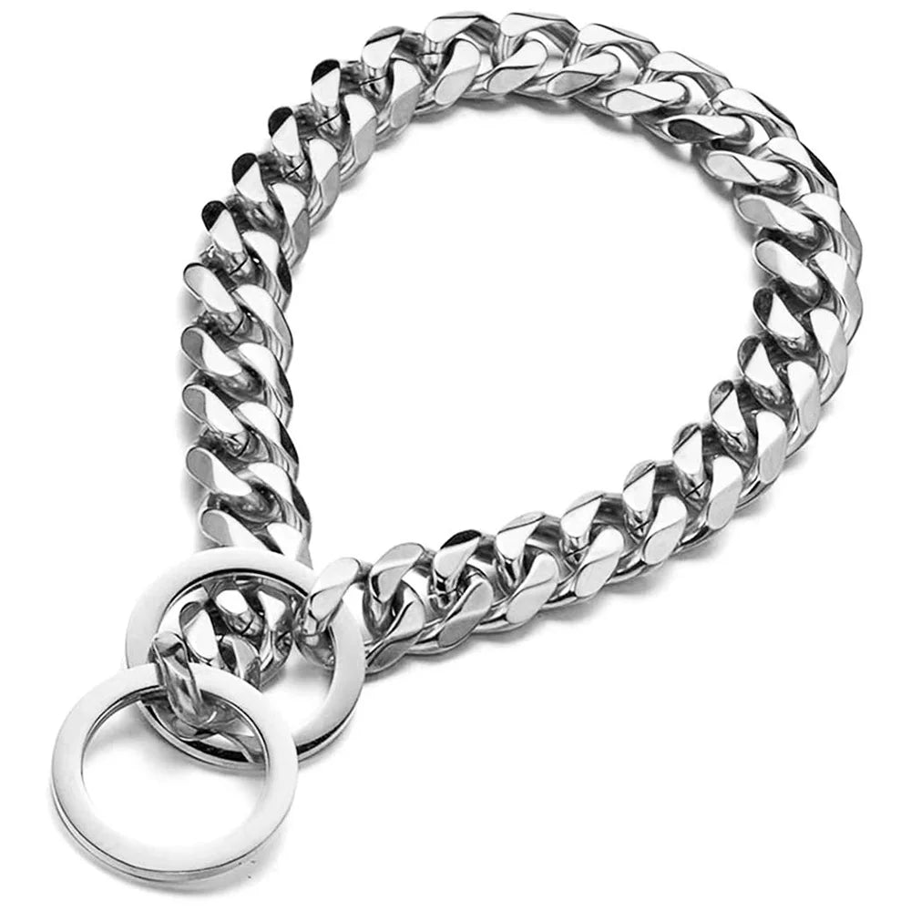 Collier chaîne argenté pour chien avec maillons cubains et double anneau sur fond clair.