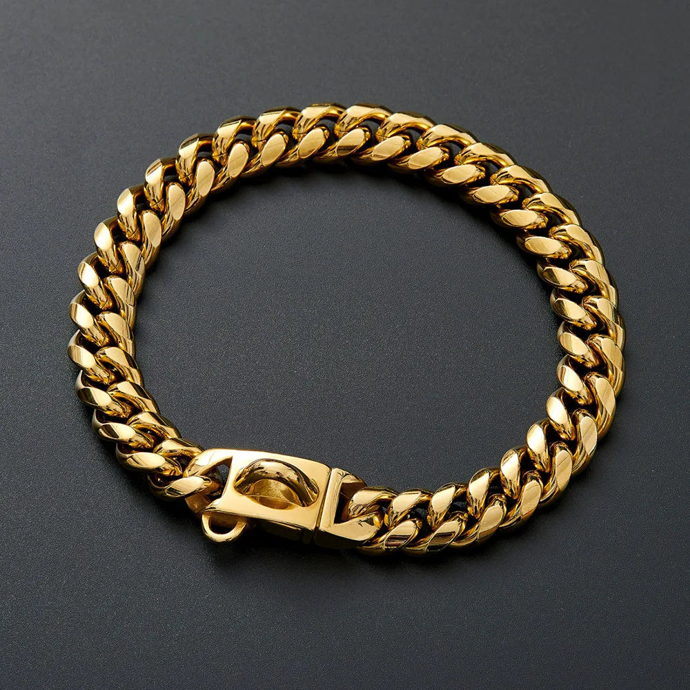 Collier chaîne doré pour chien présenté sur fond noir.