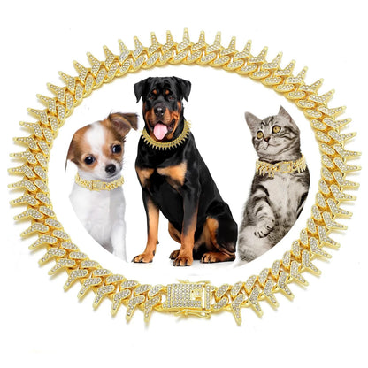 Collier doré pour chien avec pointes et strass entourant des images de deux chiens et d’un chat.