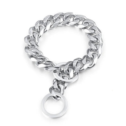 Collier chaîne argenté pour chien avec maillons cubains et anneau coulissant sur fond clair.
