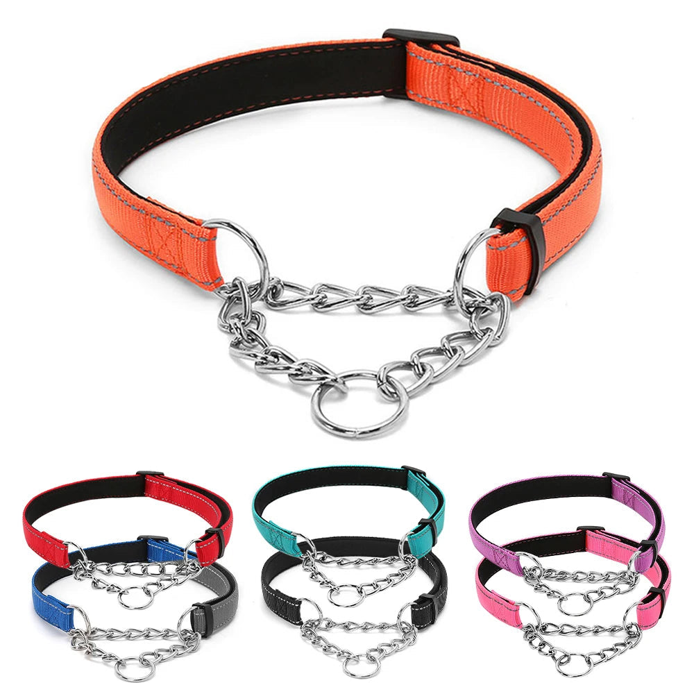 Collier martingale orange présenté avec plusieurs coloris en bas de l’image.