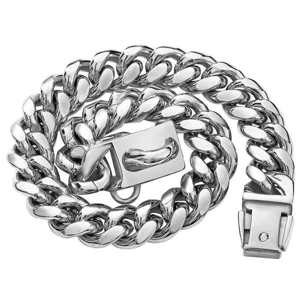 Collier chaîne argenté pour chien présenté enroulé sur fond clair.