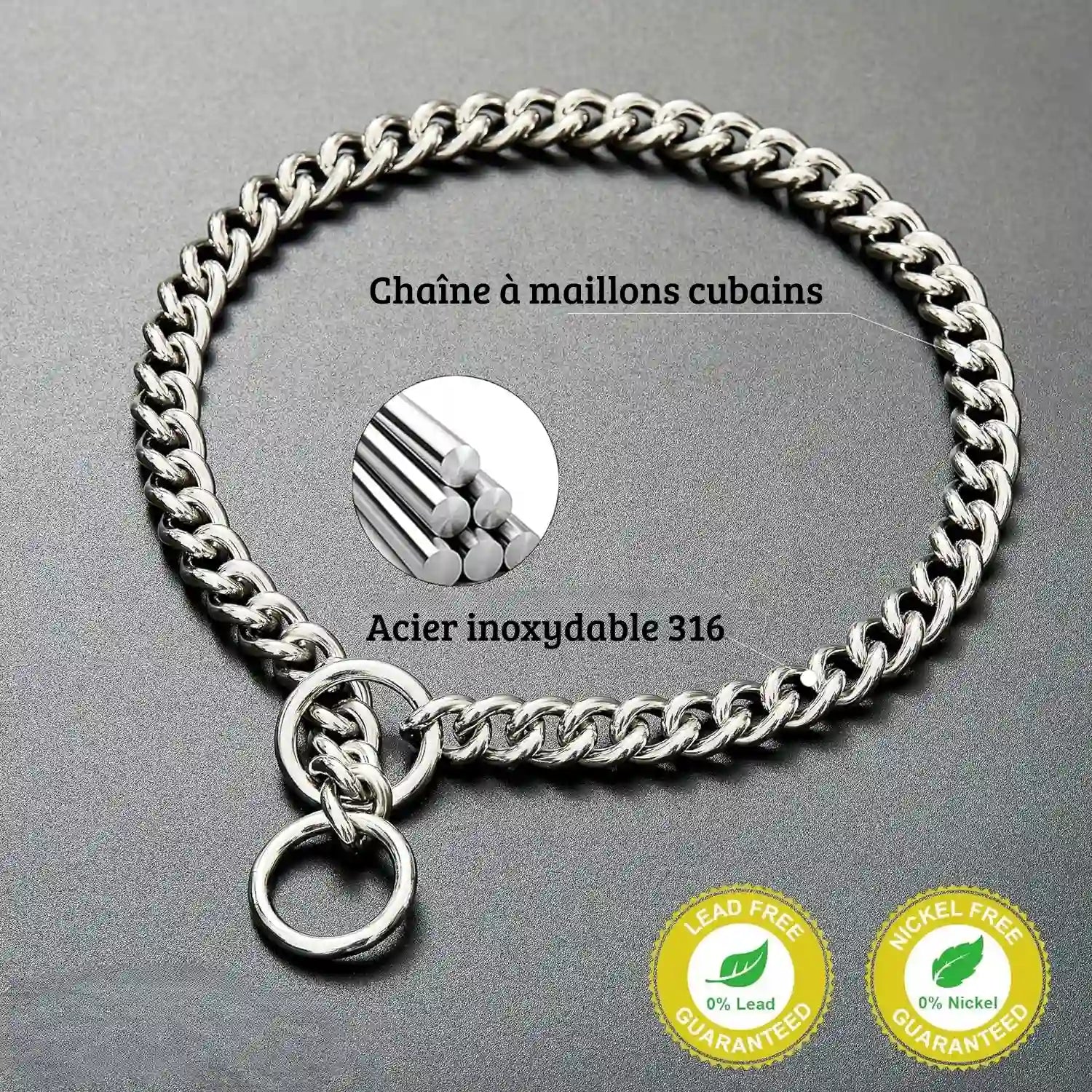 Collier chaîne argenté pour chien présenté sur fond sombre avec annotations sur la matière.