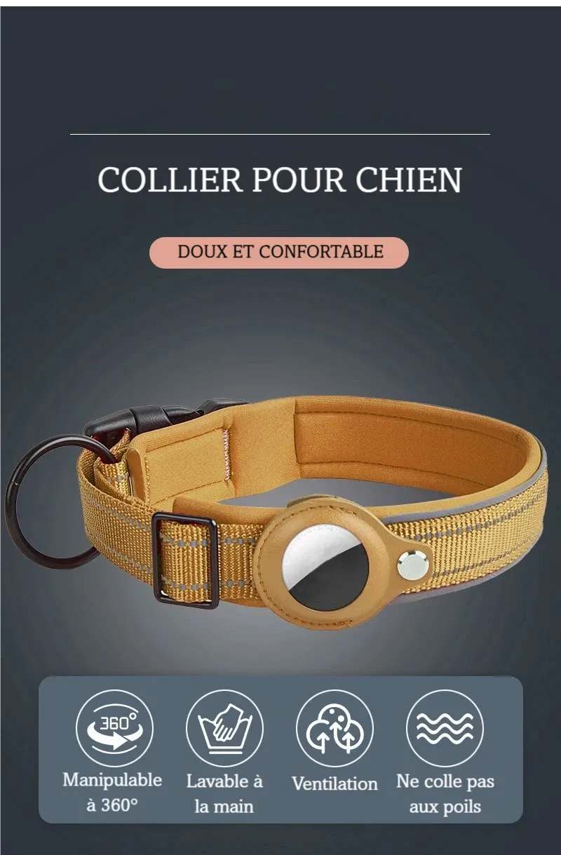 Collier pour chien beige compatible AirTag présenté sur fond sombre avec message de confort.