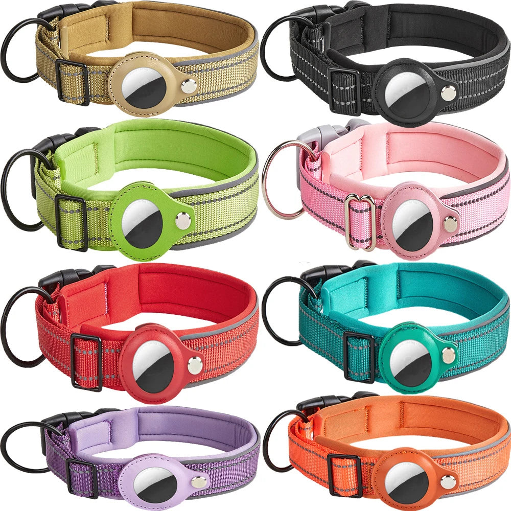 Plusieurs coloris de colliers pour chien compatibles AirTag en nylon réfléchissant réglable.