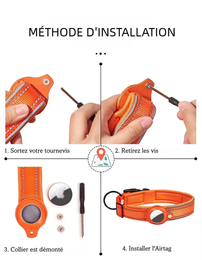 Méthode d’installation du collier pour chien compatible AirTag avec démontage et remontage du support.