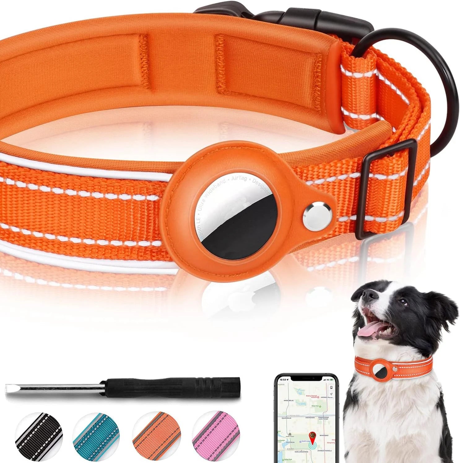 Collier pour chien orange compatible AirTag présenté avec tournevis, smartphone et chien.