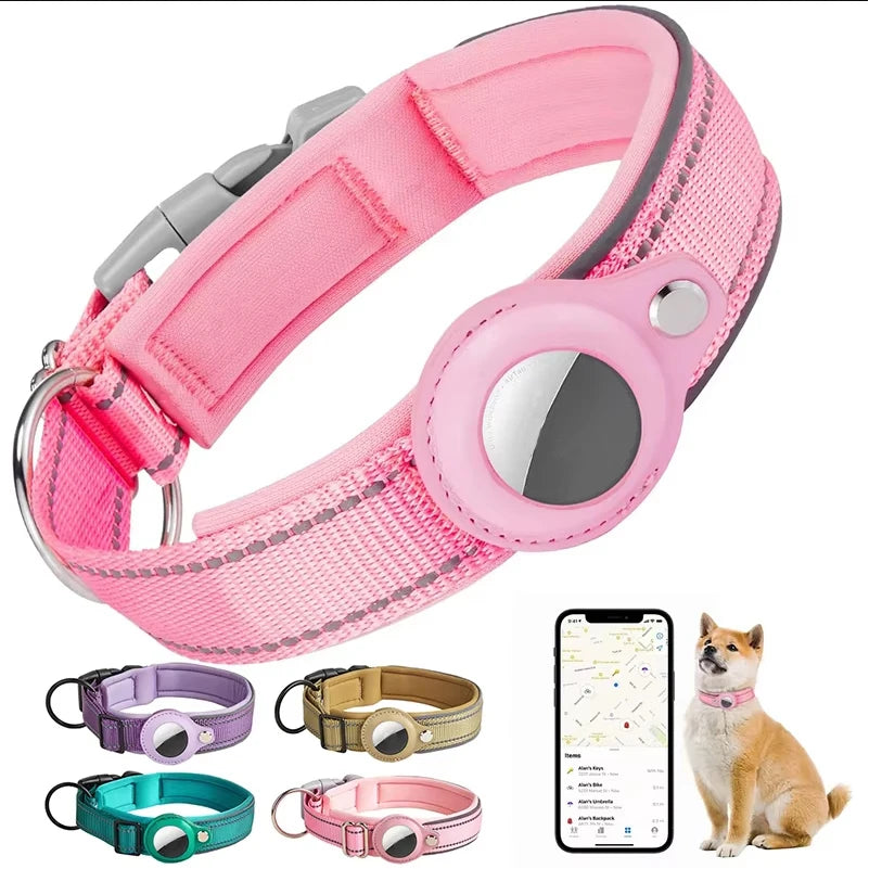 Collier pour chien rose compatible AirTag présenté avec téléphone et chien en visuel d’usage et présentation des différents coloris.
