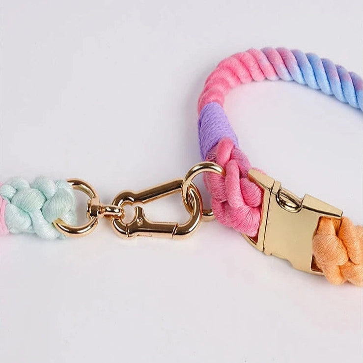 Collier en corde multicolore relié à un mousqueton doré sur fond blanc.