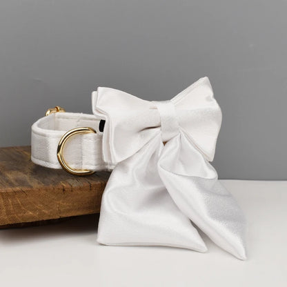 Collier blanc pour chien avec grand nœud détachable et anneau métal doré présenté sur un support en bois.